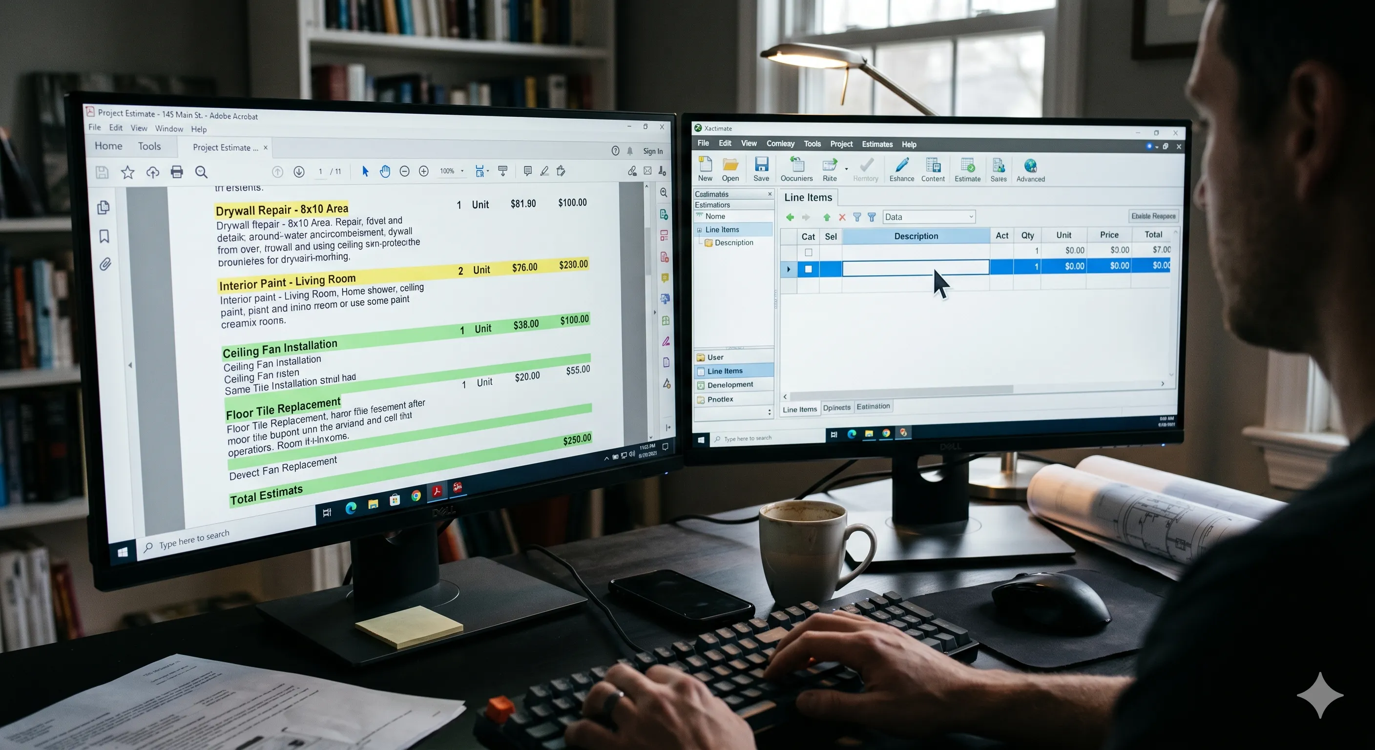 Side-by-side monitors showing PDF re-entry into Xactimate